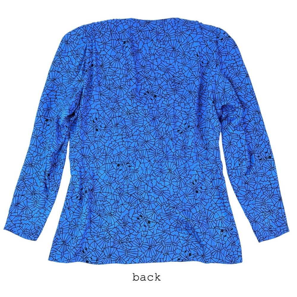 Nora Noh Vintage 90s Silk Blouse Blue Black Butterfly Geometric Print Top Size 6 - Picture 2 of 8